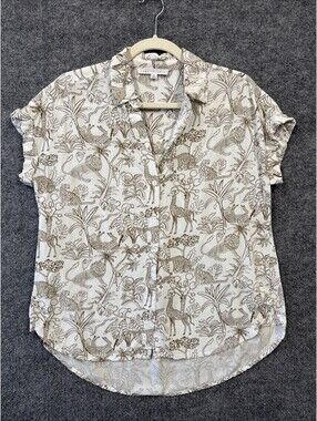 Jane and Delancey Cropped Sleeve Brown White Safari Theme Sz Small